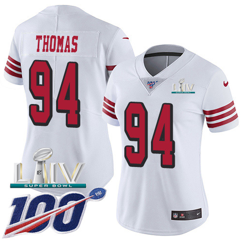 San Francisco 49ers Nike #94 Solomon Thomas White Super Bowl LIV 2020 Rush Women Stitched NFL Limited 100th Season Jersey->women nfl jersey->Women Jersey